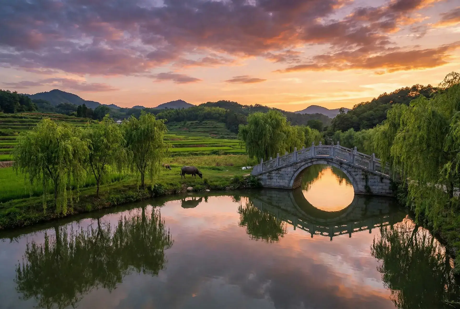 夕阳下的石拱桥与垂柳，水牛在河边吃草 - 年轻的母亲2免费完整版中文版 视频 乡村美景